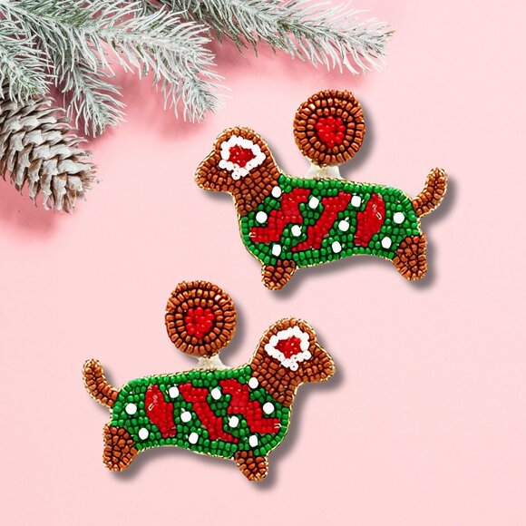 Dachshund Christmas Sweater Dog Pet Lovers Wiener Dog Seed Beaded Earrings - Picture 6 of 9